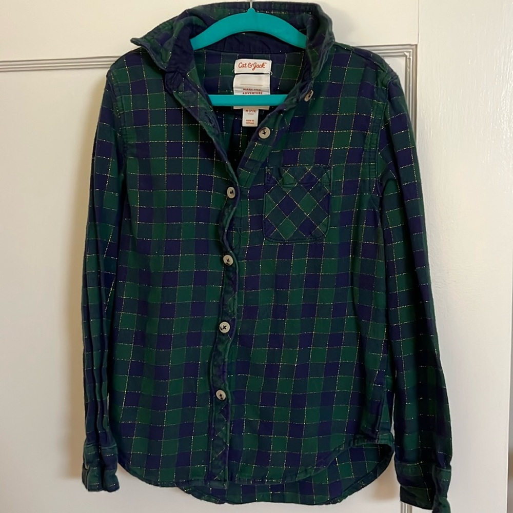 Cat&Jack girls green and blue with gold sparkle long sleeve flannel size 7/8